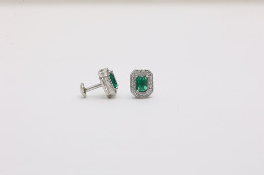 Emerald-Cut Green Halo Studs