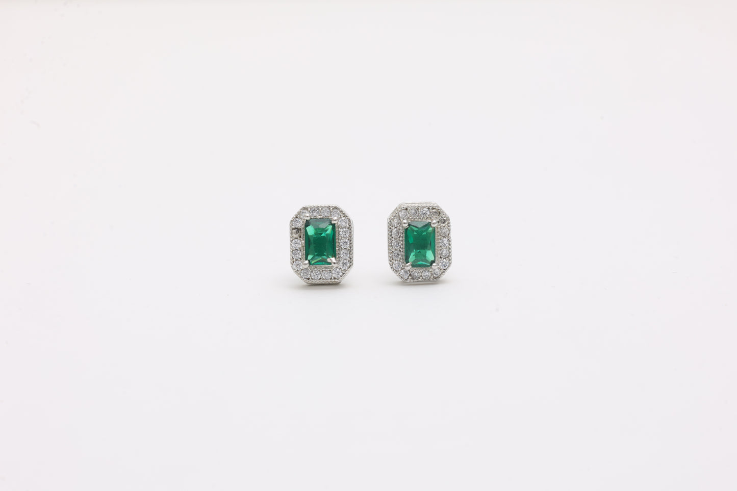 Emerald-Cut Green Halo Studs