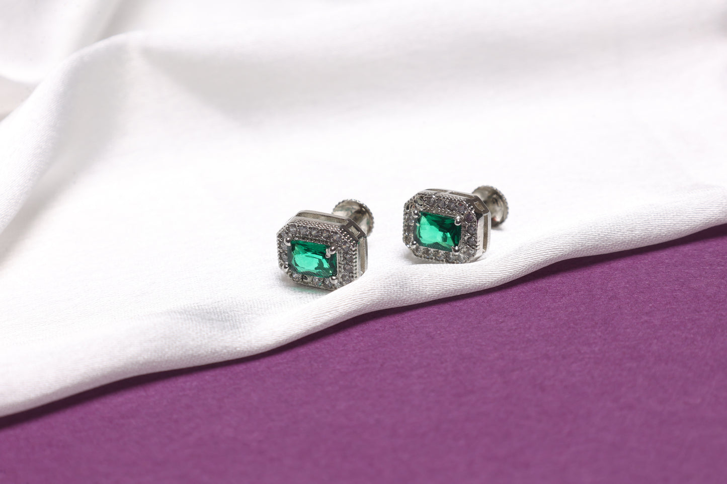 Emerald-Cut Green Halo Studs