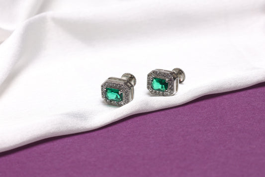 Emerald-Cut Green Halo Studs