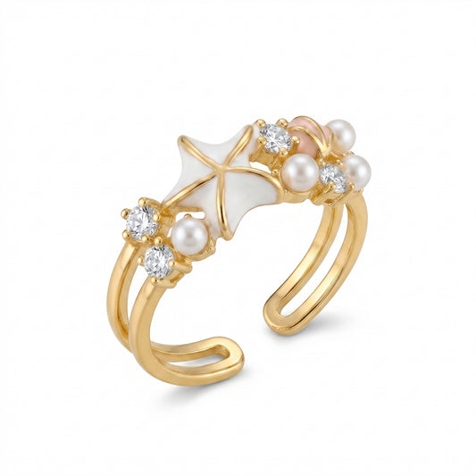 Koso Jewels Anti-Tarnish Stainless Steel Starfish & Pearl Dual Band Adjustable Ring for Women
