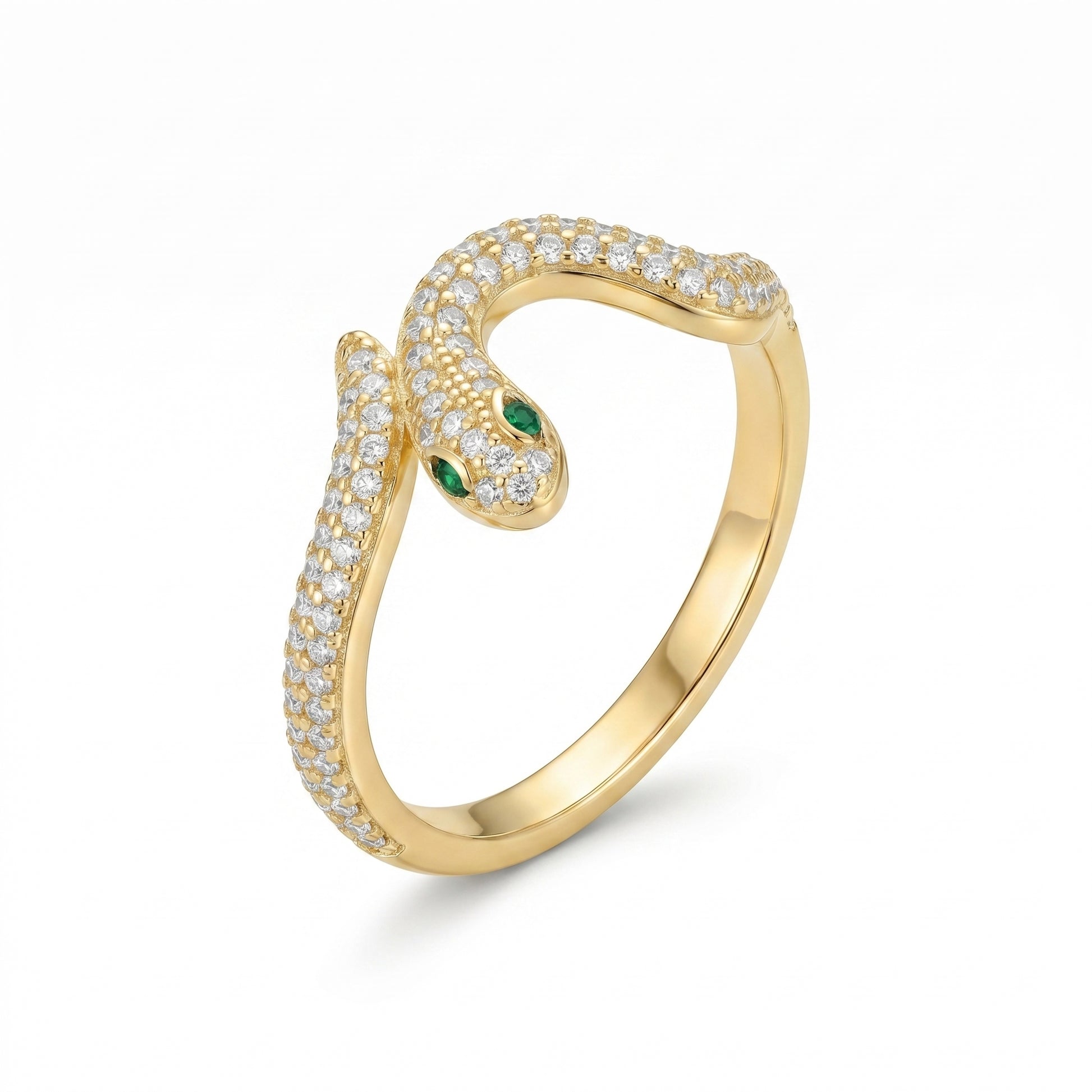 Gold snake-shaped ring with diamond accents on a white background