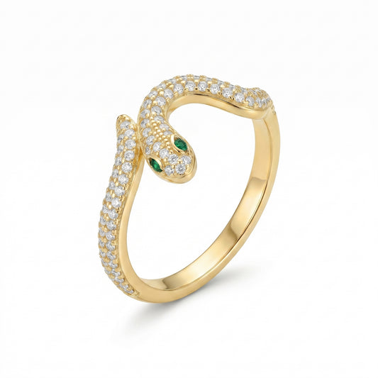 Gold snake-shaped ring with diamond accents on a white background