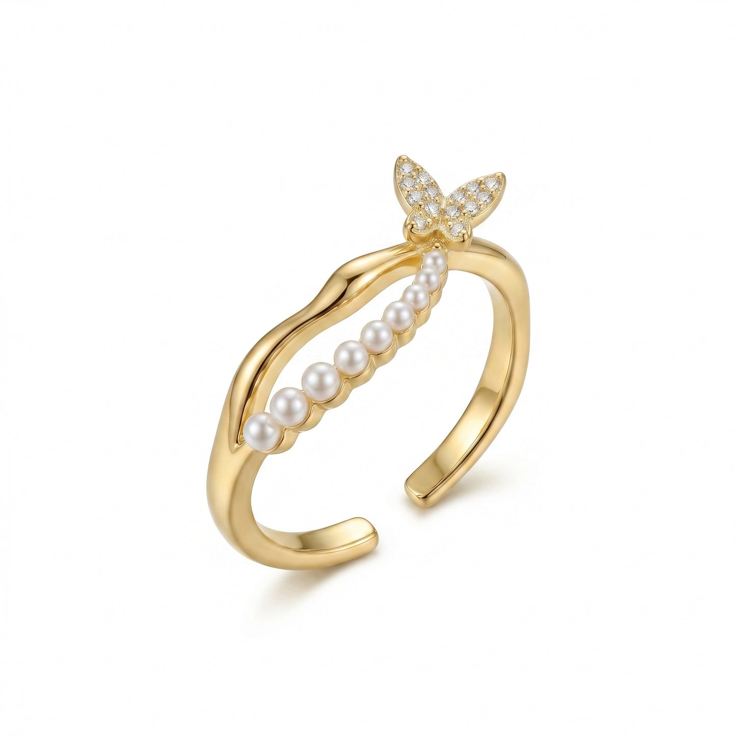 Koso Jewels Anti-Tarnish Stainless Steel Butterfly & Pearl Wave Band Adjustable Ring for Women