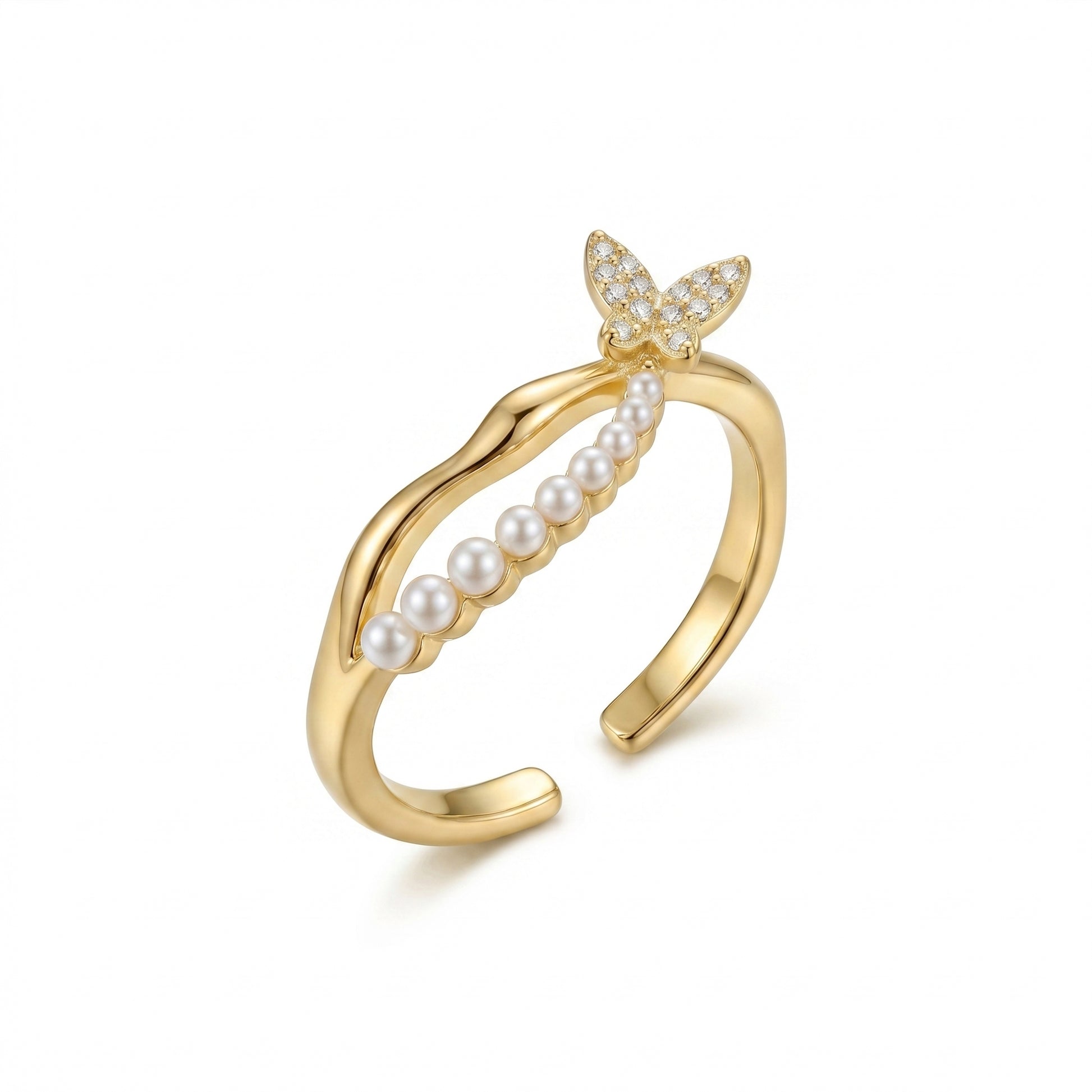 Koso Jewels Anti-Tarnish Stainless Steel Butterfly & Pearl Wave Band Adjustable Ring for Women