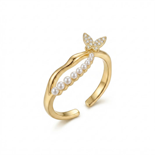 Koso Jewels Anti-Tarnish Stainless Steel Butterfly & Pearl Wave Band Adjustable Ring for Women